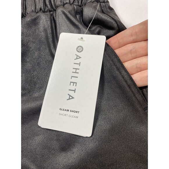 NWT Athleta Gleam Shorts Black Large Relaxed Pull On Elastic Waist Faux Leather - Picture 8 of 15